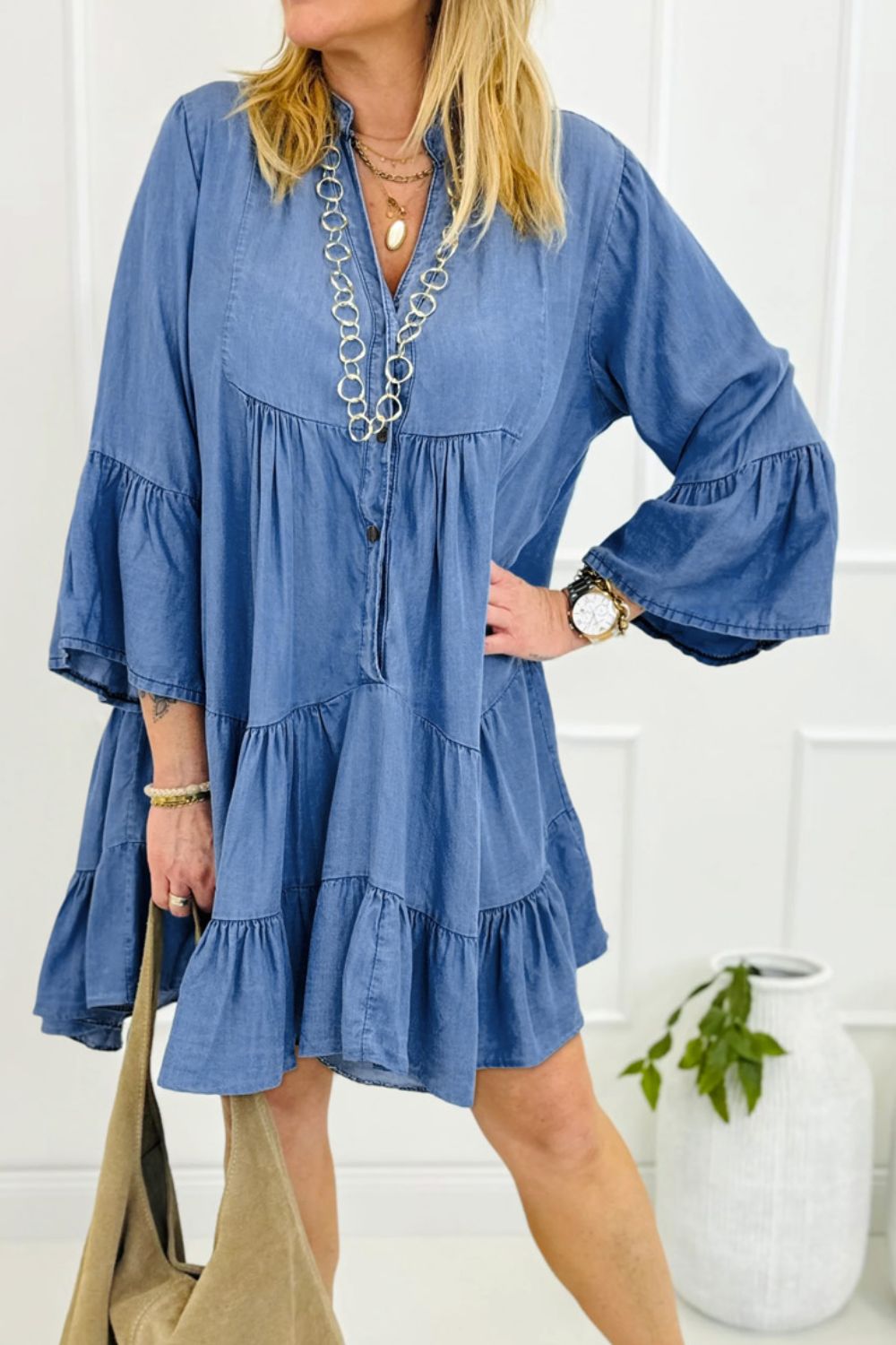 Notched Three-Quarter Sleeve Denim Dress