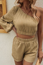 Honey One-Shoulder Balloon Sleeve Crop Top and Shorts Set