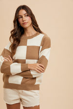 Annie Wear Checkered Round Neck Dropped Shoulder Sweater - Beautiful Woman