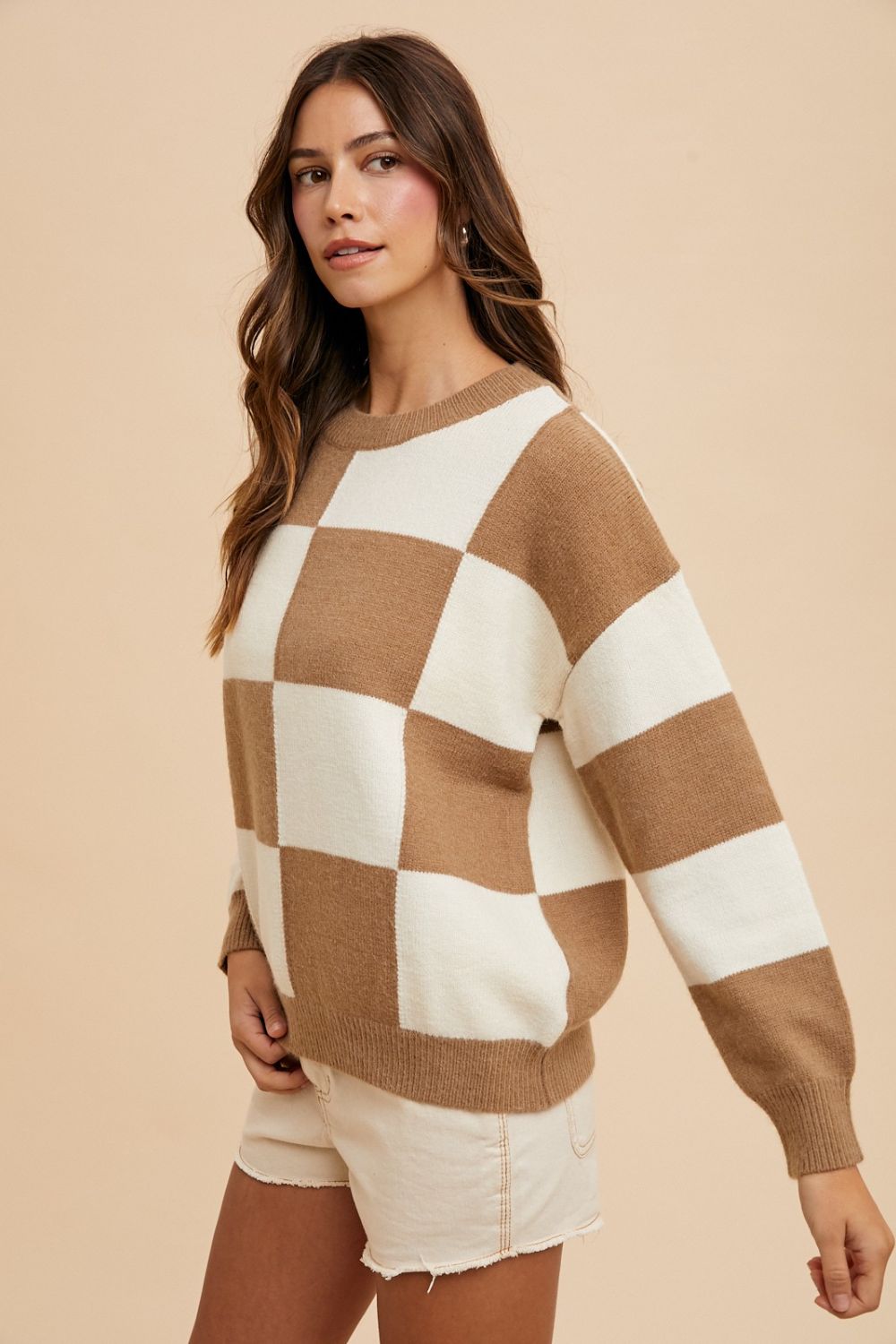 Annie Wear Checkered Round Neck Dropped Shoulder Sweater - Beautiful Woman