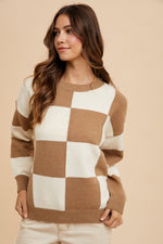 Annie Wear Checkered Round Neck Dropped Shoulder Sweater - Beautiful Woman