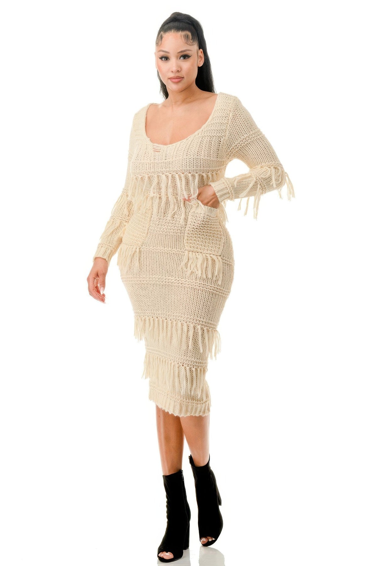 Knit Long Sleeve Fringe Dress - Beautiful Woman