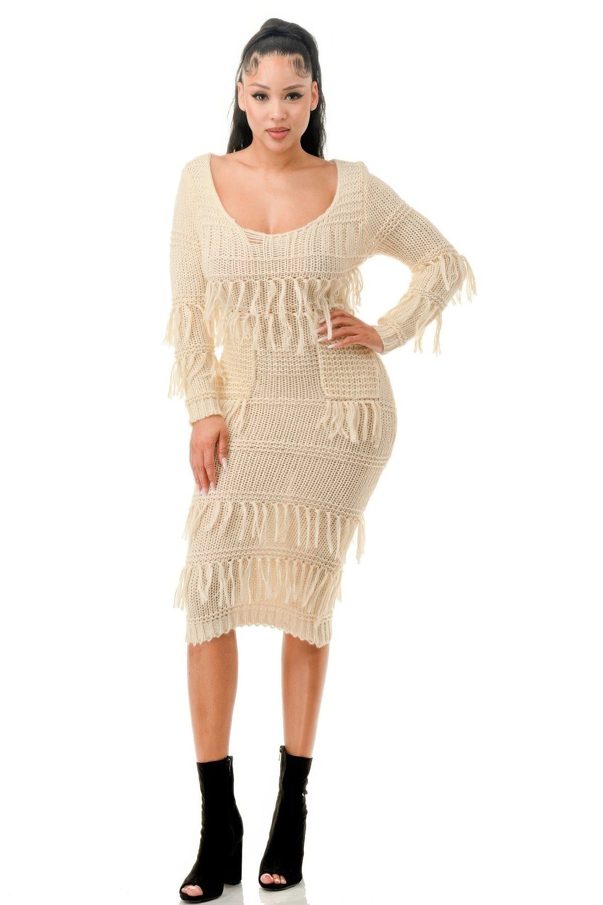 Knit Long Sleeve Fringe Dress - Beautiful Woman