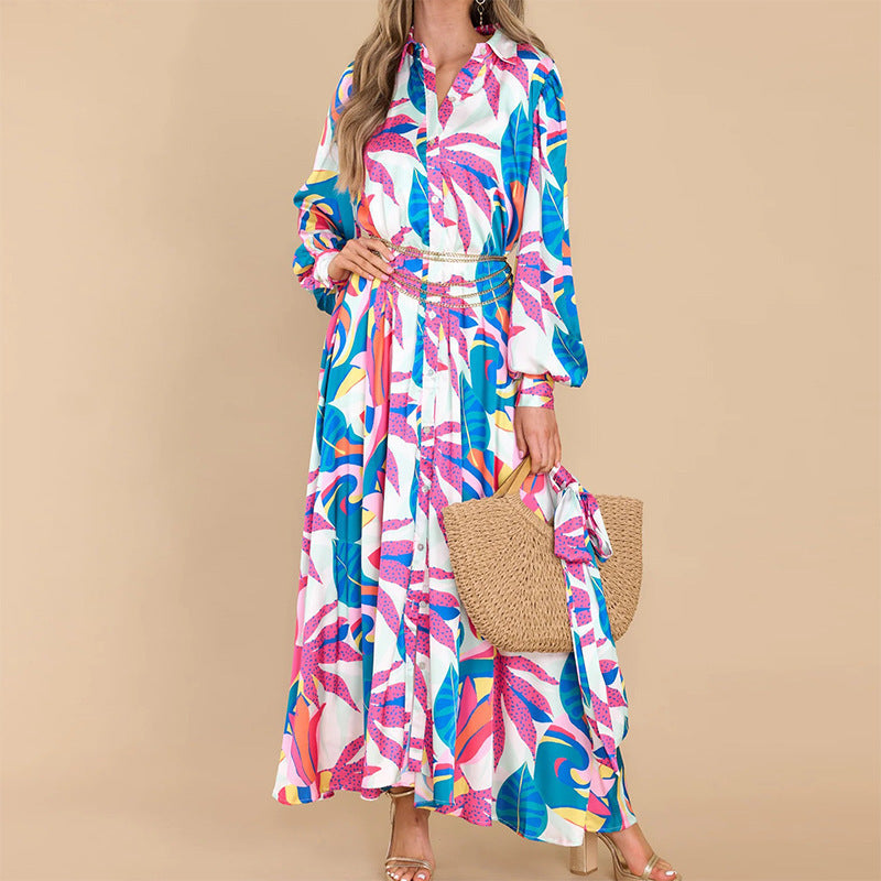 Long-sleeved Polo Printed Hem Dress - Beautiful Woman