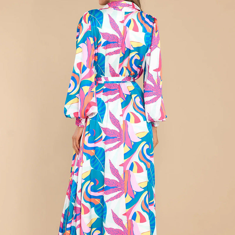 Long-sleeved Polo Printed Hem Dress - Beautiful Woman