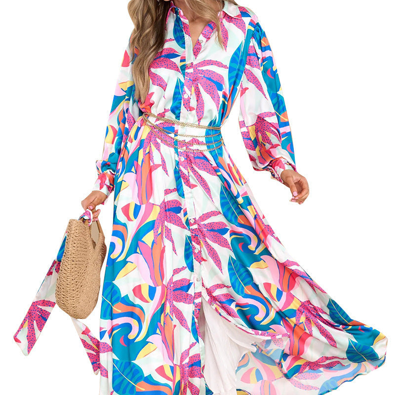 Long-sleeved Polo Printed Hem Dress - Beautiful Woman