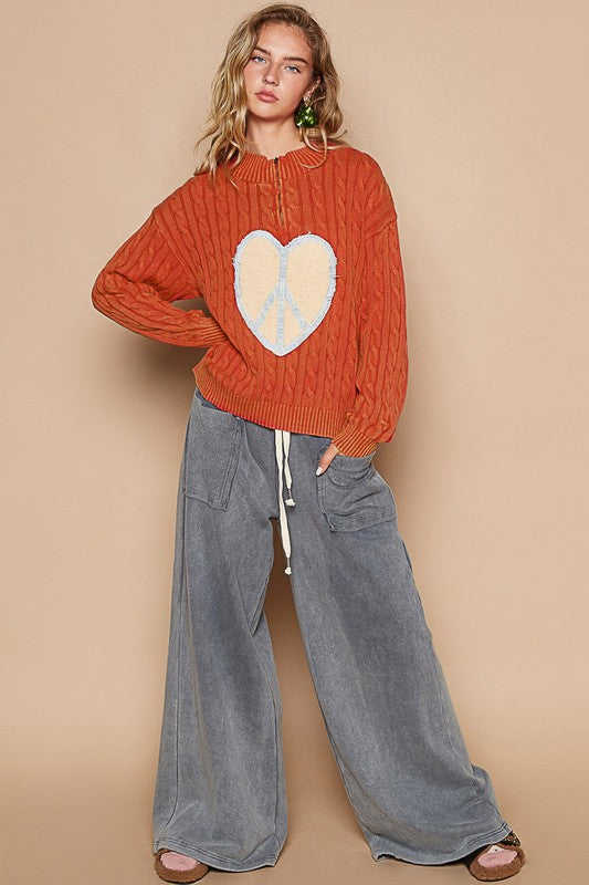 POL Cable-Knit Peace Patch Dropped Shoulder Sweater - Beautiful Woman