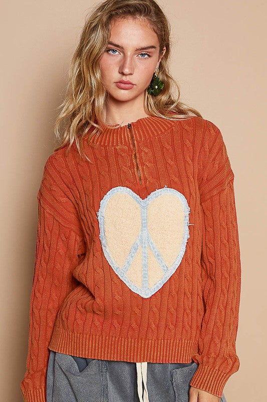 POL Cable-Knit Peace Patch Dropped Shoulder Sweater - Beautiful Woman