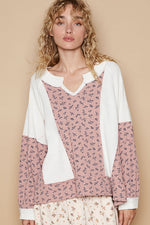 POL Waffle Knit Floral Notched Long Sleeve Top - Beautiful Woman