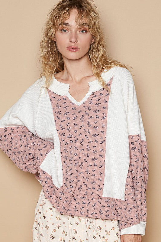 POL Waffle Knit Floral Notched Long Sleeve Top - Beautiful Woman