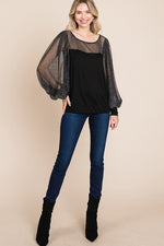 Super Lady Full Size Metallic Mesh Lantern Sleeve Blouse - Beautiful Woman