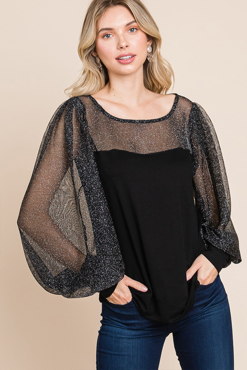 Super Lady Full Size Metallic Mesh Lantern Sleeve Blouse - Beautiful Woman