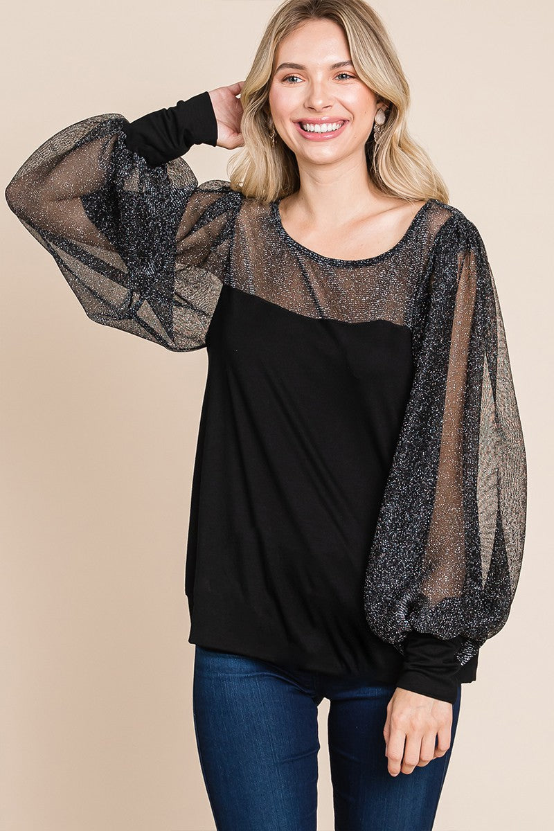 Super Lady Full Size Metallic Mesh Lantern Sleeve Blouse - Beautiful Woman