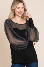 Super Lady Full Size Metallic Mesh Lantern Sleeve Blouse - Beautiful Woman