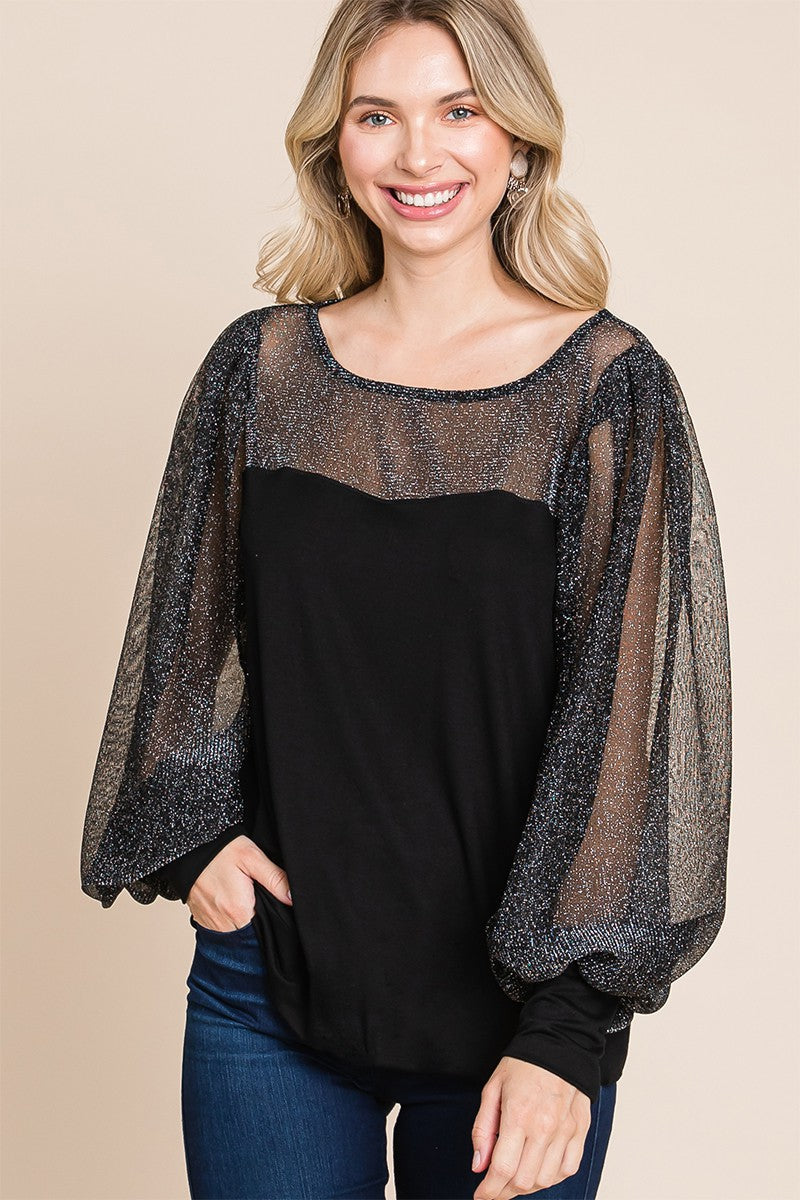 Super Lady Full Size Metallic Mesh Lantern Sleeve Blouse - Beautiful Woman