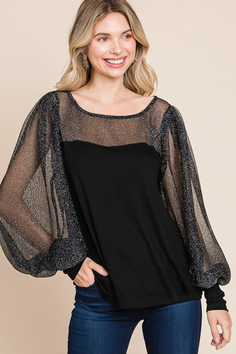 Super Lady Full Size Metallic Mesh Lantern Sleeve Blouse - Beautiful Woman