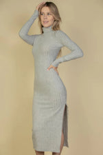 Sweater-knit Fuzzy Turtle Neck Split Thigh Dress - Beautiful Woman