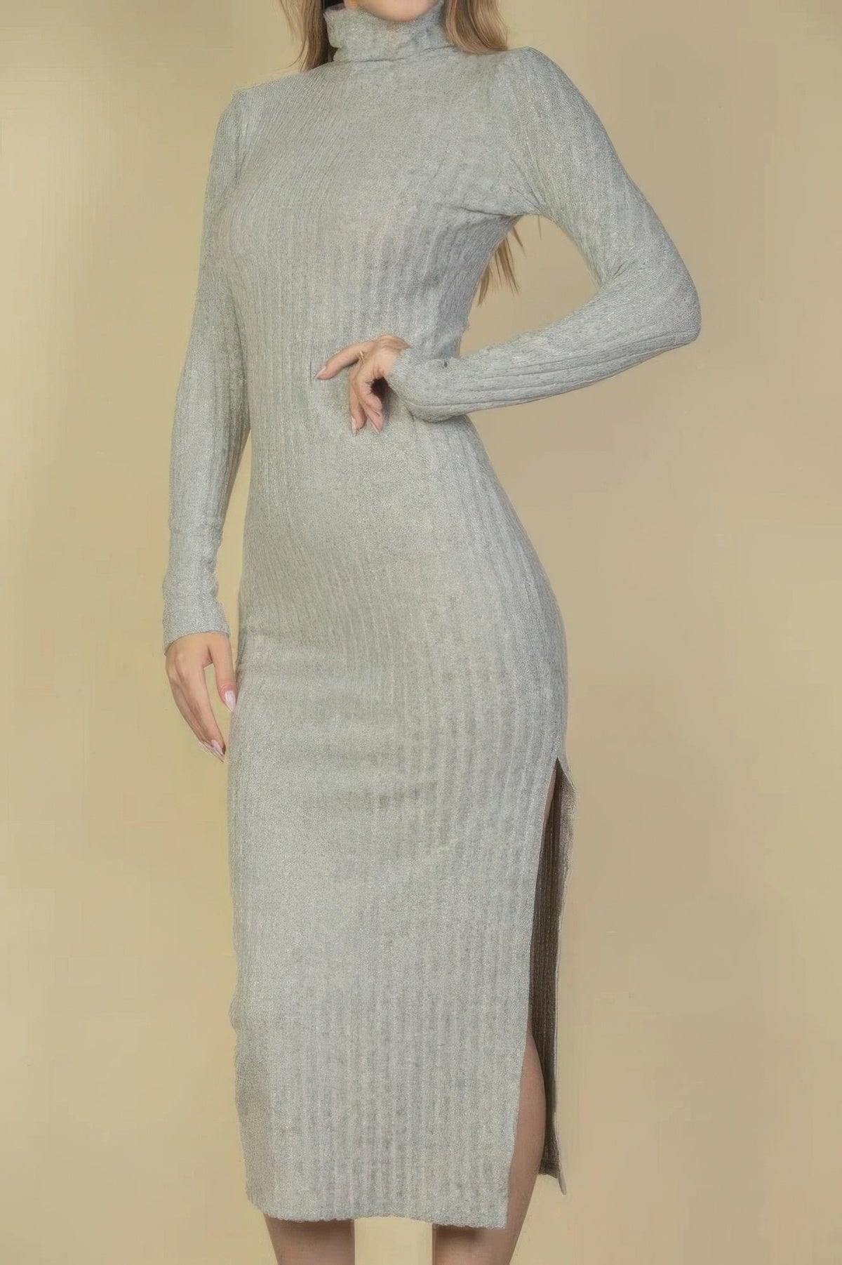 Sweater-knit Fuzzy Turtle Neck Split Thigh Dress - Beautiful Woman