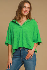 Umgee Floral Johnny Collar Half Sleeve Jacquard Top - Beautiful Woman