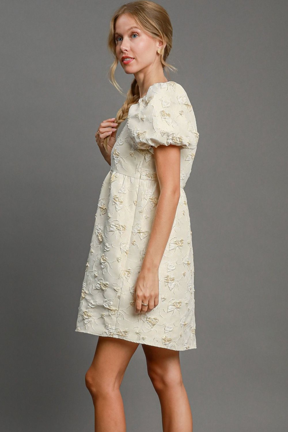 Umgee Heart Jacquard Square Neck Puff Sleeve Mini Dress - Beautiful Woman