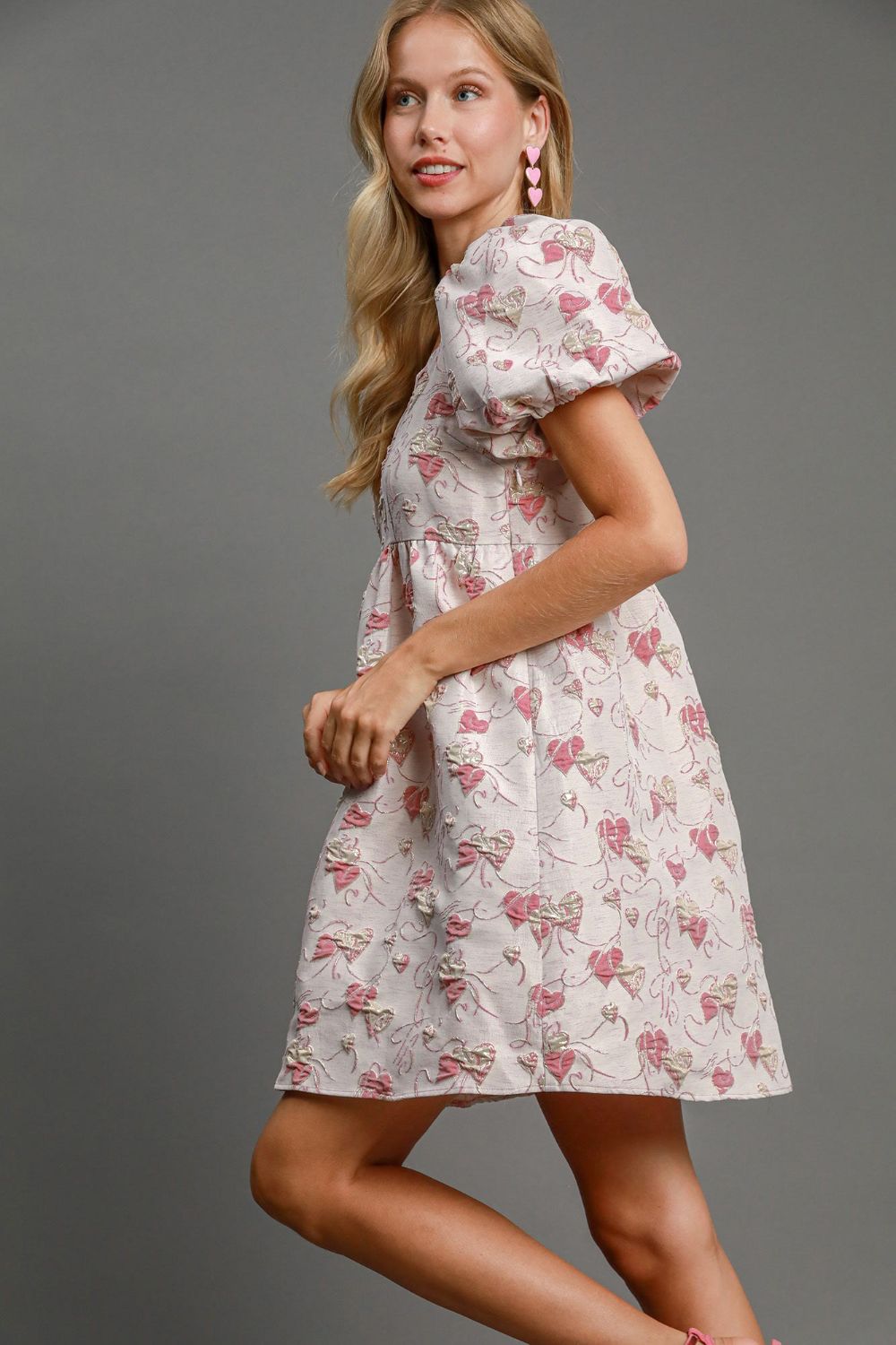 Umgee Heart Jacquard Square Neck Puff Sleeve Mini Dress - Beautiful Woman