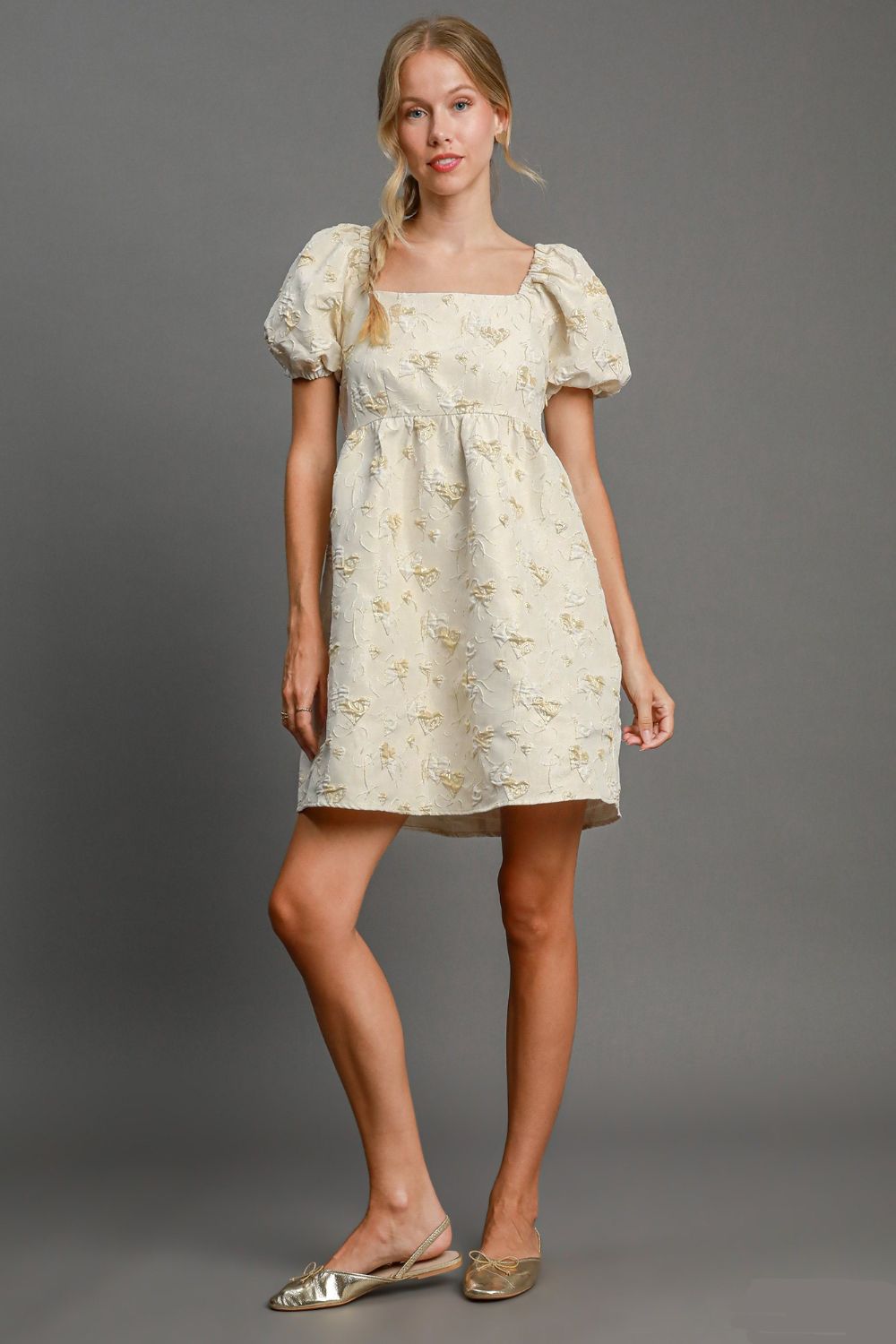 Umgee Heart Jacquard Square Neck Puff Sleeve Mini Dress - Beautiful Woman