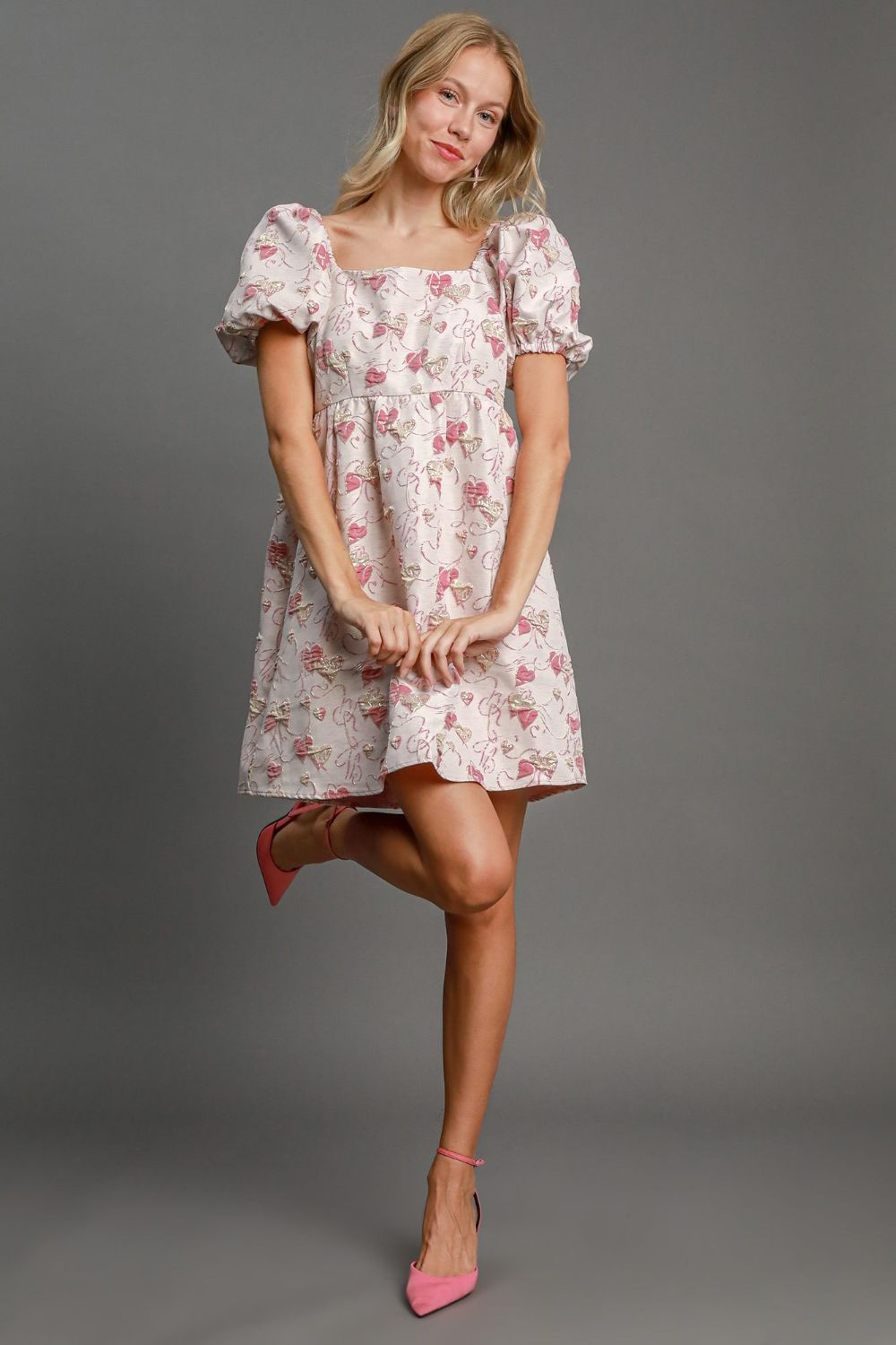 Umgee Heart Jacquard Square Neck Puff Sleeve Mini Dress - Beautiful Woman