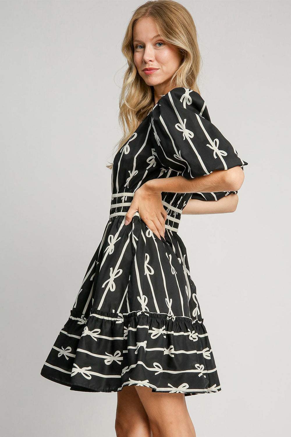 Umgee Ribbon Print Frill Contrast Velvet Trim Half Sleeve Dress - Dresses