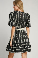 Umgee Ribbon Print Frill Contrast Velvet Trim Half Sleeve Dress - Dresses