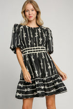 Umgee Ribbon Print Frill Contrast Velvet Trim Half Sleeve Dress - Dresses