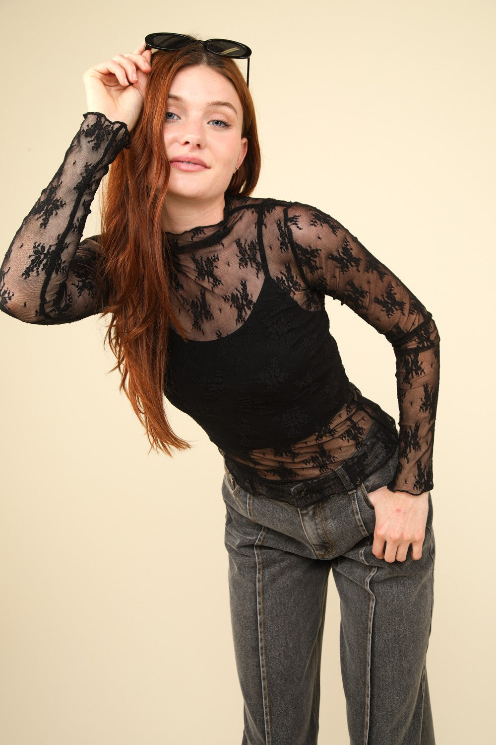 VERY J Mock Neck Fitted Sheer Mesh Lace Blouse - Beautiful Woman