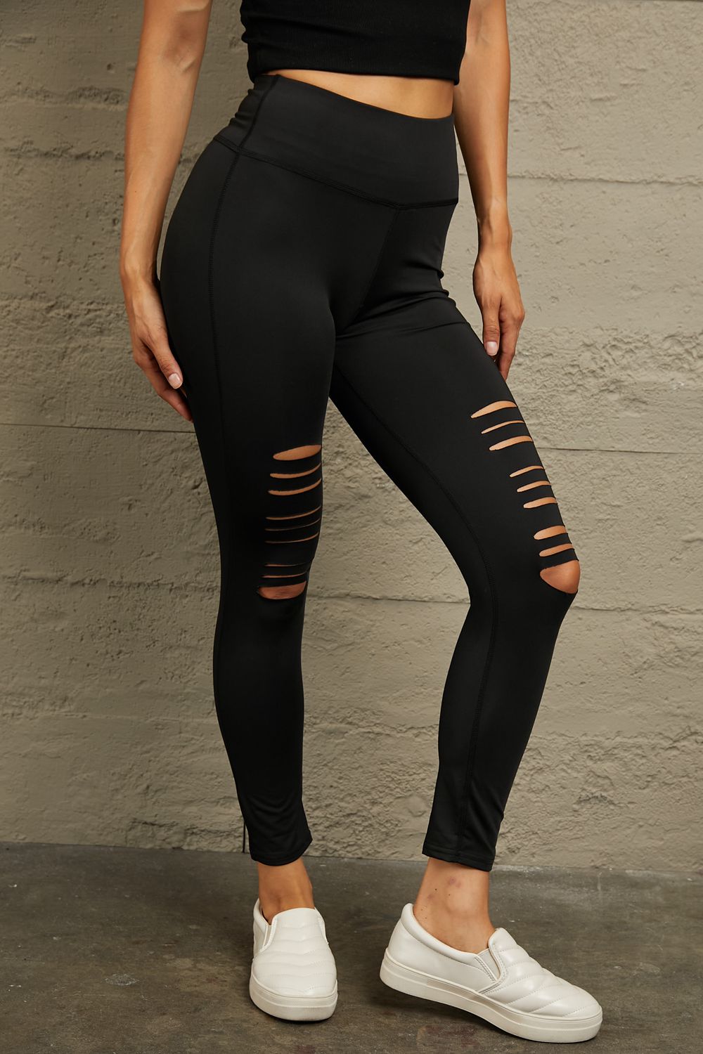 Wide Waistband Distressed Slim Fit Leggings - Beautiful Woman