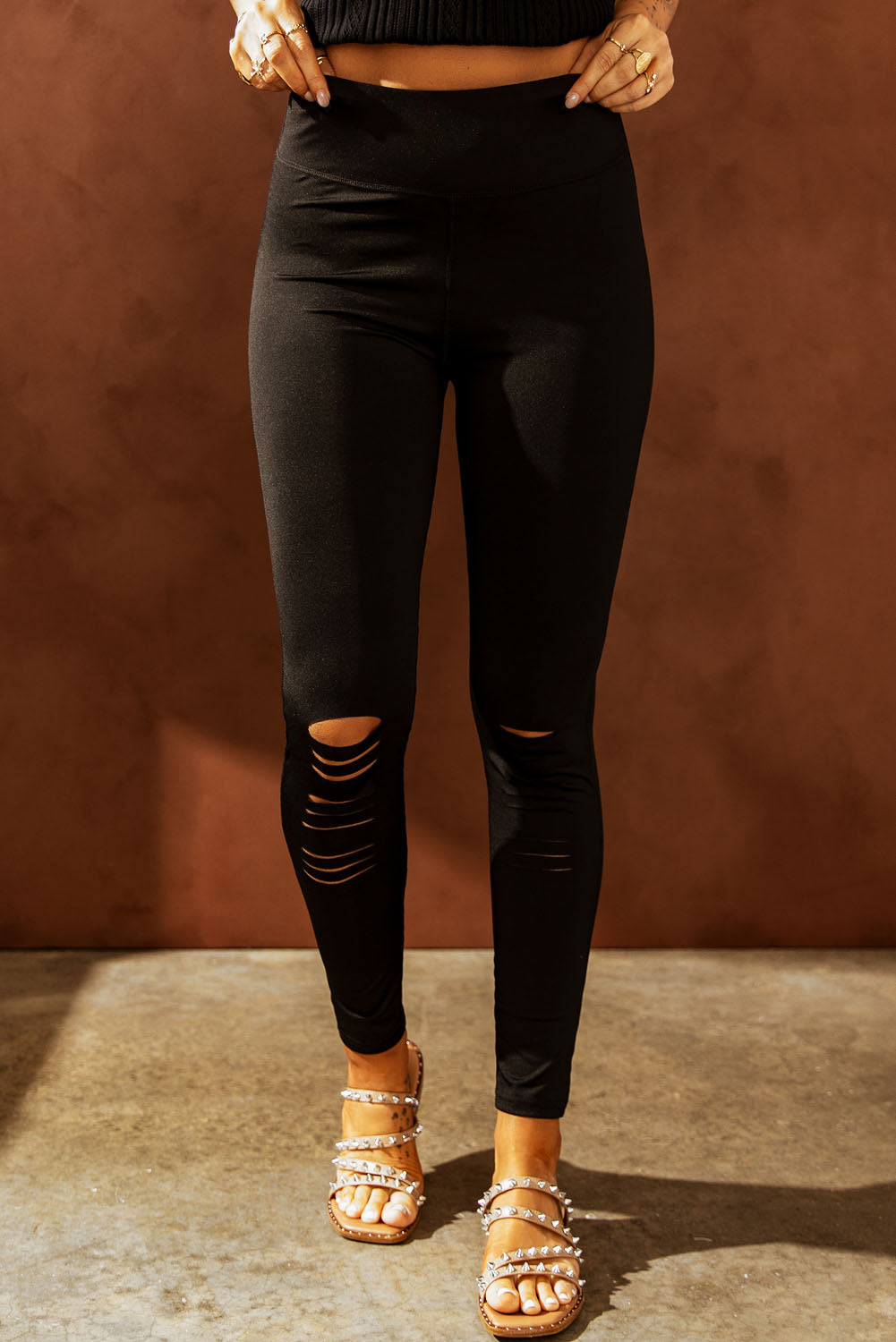 Wide Waistband Distressed Slim Fit Leggings - Beautiful Woman