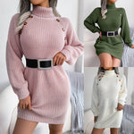 Winter Turtleneck Long Sweater Dress With Button Design Leisure Clinch Long Sleeve Base Sweater Women - Beautiful Woman